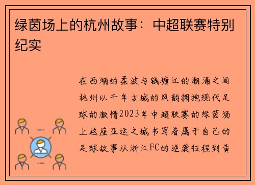 绿茵场上的杭州故事：中超联赛特别纪实
